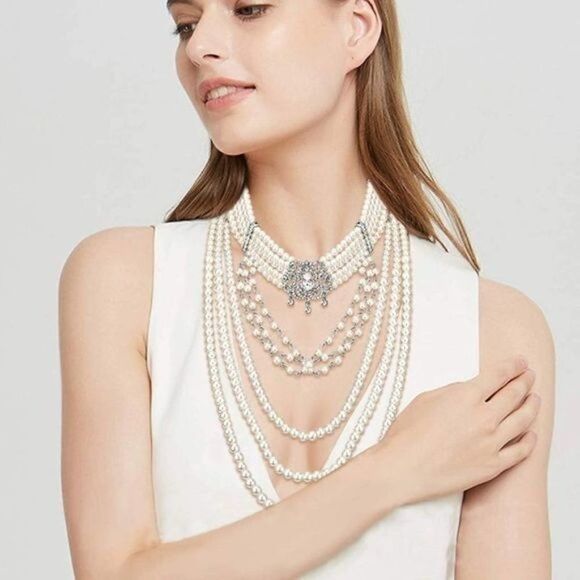 Silver with Crystal and Faux Pearl Vintage Victorian Style Bib Collar Necklace - Picture 4 of 6